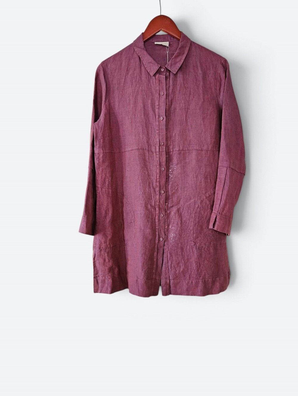 NWT Poetry Longline Yarn-Dyed Linen Split Hem Tunic Length Shirt in Bordeaux 8